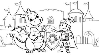 Placa de color: un caballero sonriente con un escudo solar y un dragón sonriente con alas extendidas delante de un castillo.
