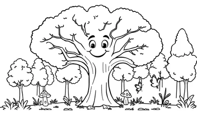 Placa de color de un árbol sonriente en un bosque de dibujos animados.