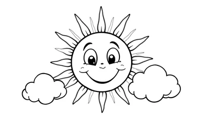 Placa de color: un sol sonriente con rayos entre dos nubes esponjosas.