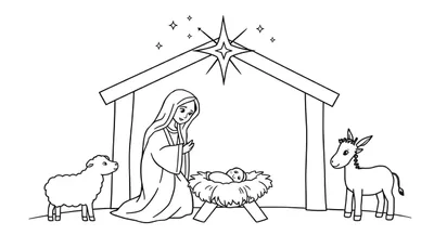 Una placa para colorear con un dibujo lineal de la Natividad, incluyendo a María, Jesús en el pesebre, una estrella brillante, ovejas y un burro en un establo.