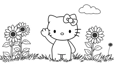Página de colorear de Hello Kitty saludando en un campo con girasoles y una nube, lista para colorear.