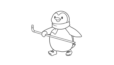 Pingüino sonriente con bufanda y patines, sosteniendo un palo de hockey, listo para colorear.