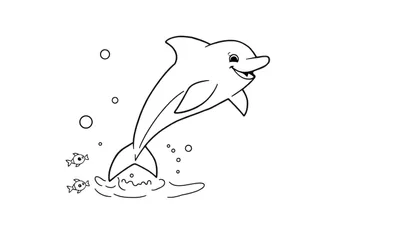 Página para colorear en blanco y negro de un delfín feliz saltando del agua con peces y burbujas.