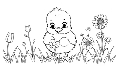 Un pollito feliz sostiene una margarita, listo para la placa de color.