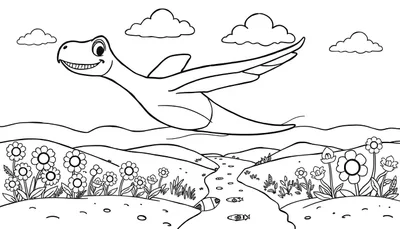 Pterodáctilo amigable volando sobre un paisaje de ensueño en blanco y negro para colorear, con río y flores. Una placa de color para la imaginación.