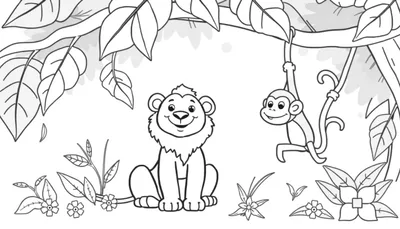 Página de colorear de león y mono en la jungla, placa de color