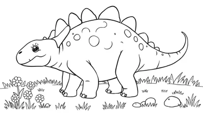 Un dibujo lineal en blanco y negro de un estegosaurio amigable con grandes ojos para colorear, con sus distintivas placas en la espalda.
