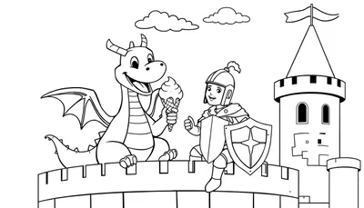Página para colorear de un dragón amigable compartiendo un helado con un caballero.