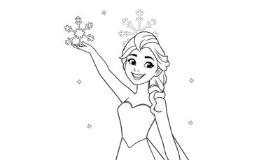 Página para colorear de Elsa sonriendo con un copo de nieve gigante, lista para la placa de color.