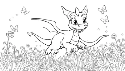 Página para colorear de Spyro el dragón sonriendo en un prado de flores con mariposas y estrellas.
