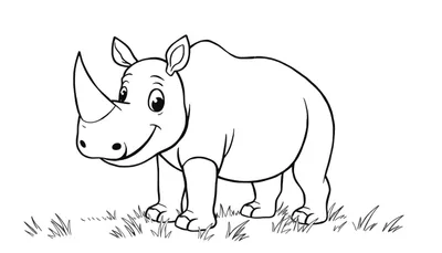 Rinoceronte de caricatura amigable para colorear, con un gran cuerno en la nariz, sobre un lecho de hierba, página para colorear en blanco y negro.