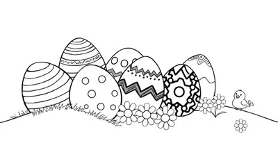 Página para colorear: Huevos de Pascua divertidos con patrones alegres, un pollito y flores.