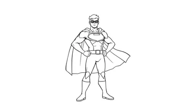 Ilustración lineal en blanco y negro de un superhéroe con capa, listo para la acción. Página para colorear.