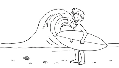 Surfista feliz con tabla de surf, listo para surfear en la placa de color.