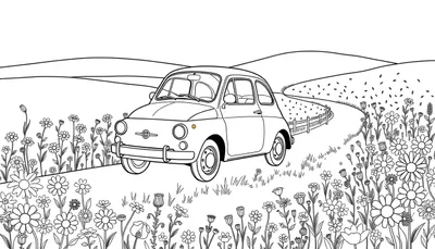 Un pequeño coche clásico estilo Fiat 500 de color blanco y negro, listo para que le añadas color con tu placa de color, recorriendo un camino rodeado de alegres flores silvestres y suaves colinas.