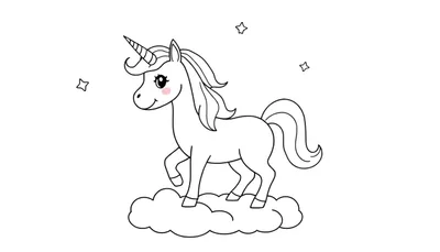 Placa de color de un lindo unicornio en una nube con estrellas.
