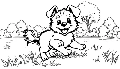 Ilustración en blanco y negro para colorear de un cachorro de perro sonriente corriendo en un campo con hierba, arbustos y un árbol al fondo.
