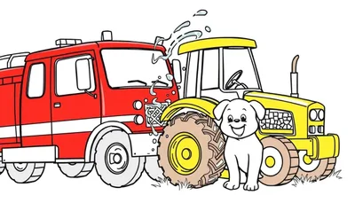 Ilustración para colorear de un camión de bomberos rojo lanzando agua hacia un tractor amarillo, mientras un perro blanco sonriente se sienta al frente.