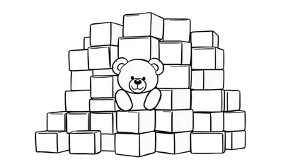 Ilustración para colorear de un oso de peluche sonriente rodeado de cajas apiladas.