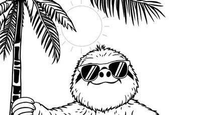 Dibujo en blanco y negro de un perezoso sonriente con gafas de sol colgado de una palmera en un día soleado.