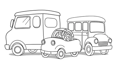 Dibujo lineal en blanco y negro para colorear de una camioneta, un cochecito y un autobús, con detalles como galletas decoradas en el cochecito.