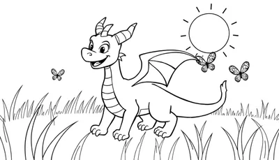 Ilustración para colorear de un dragón amistoso de pie en un campo de hierba alta, con mariposas volando y un sol en el cielo.