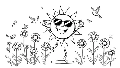 Dibujo para colorear de un sol feliz con gafas de sol saludando, un campo de flores sonrientes y pájaros volando con notas musicales.