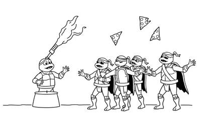 Página para colorear de las Tortugas Ninja. Miguel Ángel lanza pizza desde un barril mientras las otras tortugas intentan atraparla.