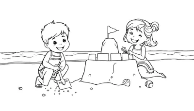 Placa de color: dos niños construyendo un castillo de arena en la playa.