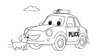 Coche de policía amigable para colorear con cachorro y sirena, con la palabra 'PLICE' en el lateral. Un dibujo lineal de la placa de color.