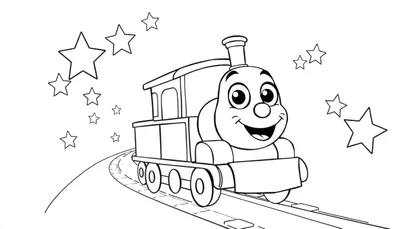 Placa de color de un tren de dibujos animados sonriente viajando por un túnel estrellado.