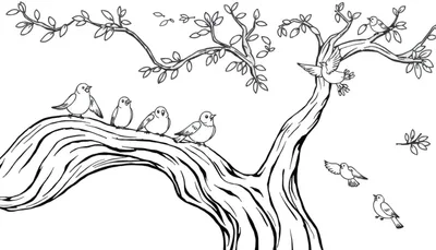 Placa de color de un árbol con pájaros cantando.
