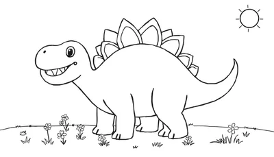 Un dibujo sencillo en blanco y negro de un estegosaurio sonriente con sus grandes placas en la espalda, de pie en un campo de flores bajo un sol sonriente. Dibujo listo para colorear.