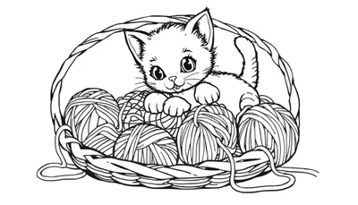 Un gatito dibujado en blanco y negro jugando con ovillos de lana dentro de una cesta. Es una página para colorear, mostrando la placa de color lista para ser pintada.