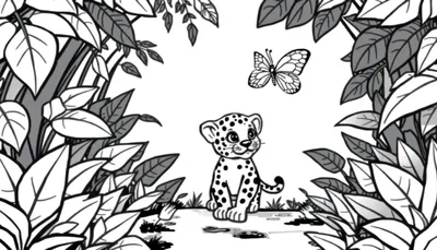 Un bebé guepardo sentado en la selva, listo para colorear.