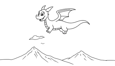 Página para colorear en blanco y negro de Spyro el dragón volando feliz entre montañas.
