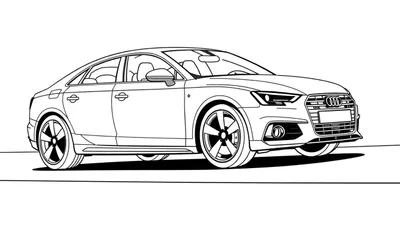 Un coche sedán blanco y negro para colorear con ruedas grandes.