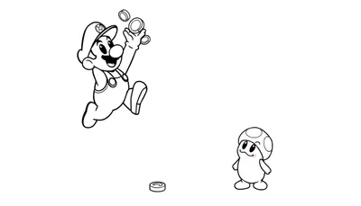 Placa de color de Mario saltando con monedas y un Goomba amigable.