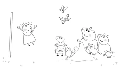 Dibujo en blanco y negro para colorear de Peppa Pig y su familia jugando en el parque, con un diseño de placa de color.