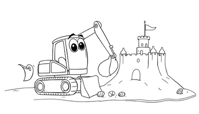 Una excavadora de dibujos animados construyendo un castillo de arena, lista para colorear en una placa de color.