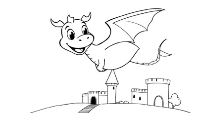 Placa de color de un dragón de caricatura sonriente volando sobre un castillo.