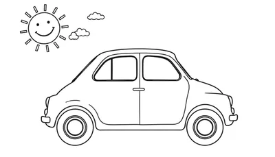 Un simpático Fiat 500 clásico listo para colorear, con ventanas grandes y un sol sonriente arriba. Una placa de color para que los niños la pinten.