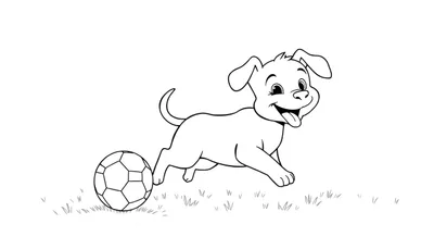 Placa de color: un perrito adorable persiguiendo una pelota de fútbol con una expresión de pura alegría.