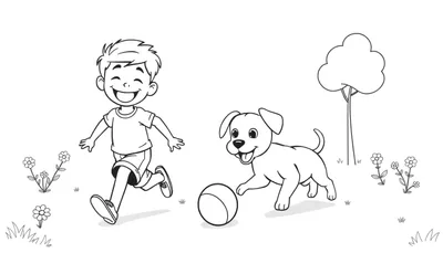 Página para colorear de un niño corriendo con un perro en un campo, con la palabra 'placa de color' destacada.
