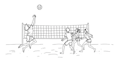 Placa de color para un partido de voleibol de playa, con un jugador saltando y otros reaccionando.