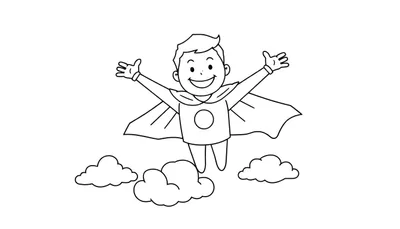 Placa de color de un niño superhéroe volando alegremente entre nubes.