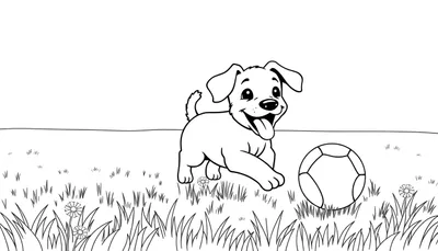 Placa de color de un cachorro feliz persiguiendo una pelota en la hierba.