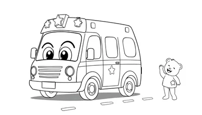 Página para colorear de un autobús amigable, con estrellas y un oso de peluche, listo para un toque de placa de color.