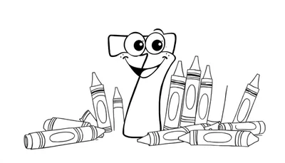 Un número 7 animado con cara sonriente rodeado de crayones de colores, listo para ser coloreado. Placa de color.