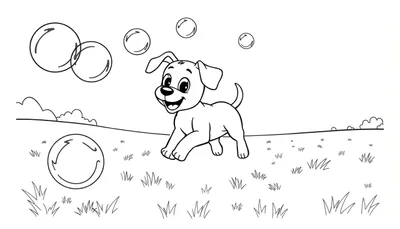 Un cachorro de dibujos animados en blanco y negro persiguiendo burbujas en un campo de hierba, listo para ser coloreado. Placa de color.